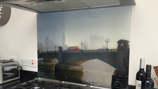 Printed glass splash back with a London design